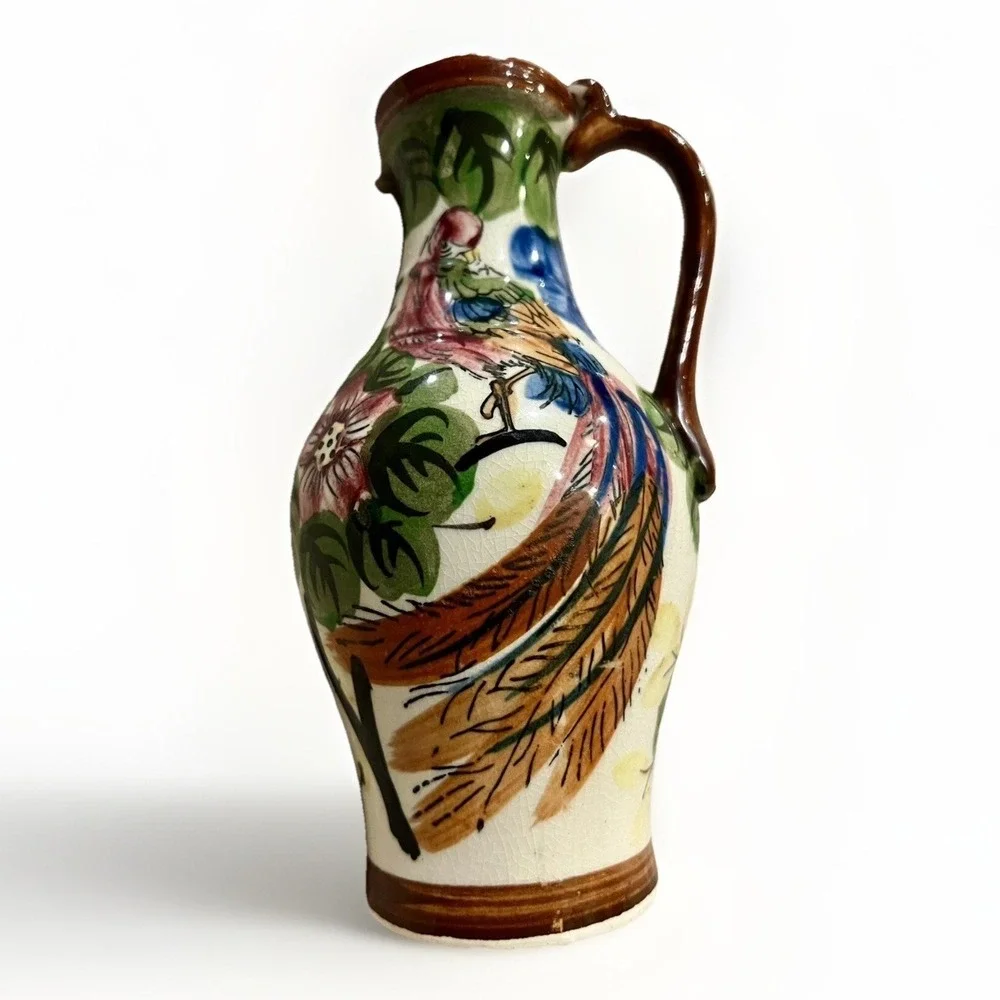 Vintage Hand‎ Painted Floral Peacock Pottery Jug Made in Japan 7.5